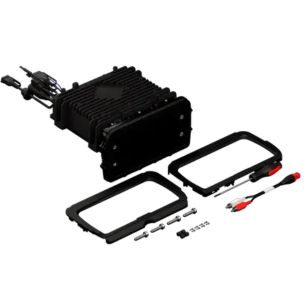 Rockford Fosgate Infotainment Source Unit for Select 2014-2023 Harley-Davidson Models (PMX-HD14) by Rockford Fosgate shown here: a black rectangular electronic device featuring cooling fins, connectors, two mounting frames, screws, and wiring harnesses arranged on a white background—designed for seamless plug-and-play installation as part of a high-performance motorcycle audio system.