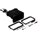 Rockford Fosgate Infotainment Source Unit for Select 2014-2023 Harley-Davidson Models (PMX-HD14) by Rockford Fosgate shown here: a black rectangular electronic device featuring cooling fins, connectors, two mounting frames, screws, and wiring harnesses arranged on a white background—designed for seamless plug-and-play installation as part of a high-performance motorcycle audio system.