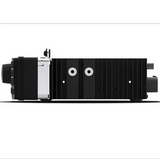 A side view of the Rockford Fosgate PMX-HD9813 Digital Media Receiver for select 1998-2013 Harley-Davidson models is shown against a white background. This black and silver rectangular device by Rockford Fosgate features a lens on one end, ridged detailing along its body, and offers effortless plug and play installation.
