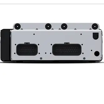 A close-up of the back panel of the Rockford Fosgate PMX-HD9813 Digital Media Receiver for select 1998-2013 Harley-Davidson models shows two large rectangular connector ports, several screws, and a small round port housed in a metallic casing—engineered by Rockford Fosgate for easy plug-and-play installation on compatible Harley-Davidson motorcycles.