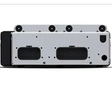 A close-up of the back panel of the Rockford Fosgate PMX-HD9813 Digital Media Receiver for select 1998-2013 Harley-Davidson models shows two large rectangular connector ports, several screws, and a small round port housed in a metallic casing—engineered by Rockford Fosgate for easy plug-and-play installation on compatible Harley-Davidson motorcycles.