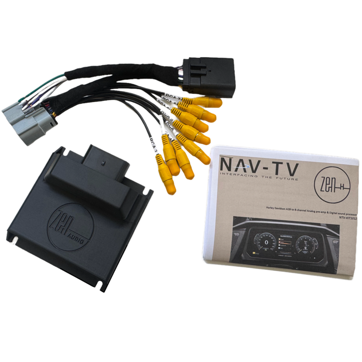 A car audio interface kit with cables, connectors, a black module labeled ZCI Audio, and a NAV-TV installation manual featuring a dashboard image—ideal for Harley-Davidson audio upgrade projects requiring seamless ZEN-H processor or Harley-Davidson amplifier integration.