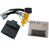 A car audio interface kit with cables, connectors, a black module labeled ZCI Audio, and a NAV-TV installation manual featuring a dashboard image—ideal for Harley-Davidson audio upgrade projects requiring seamless ZEN-H processor or Harley-Davidson amplifier integration.