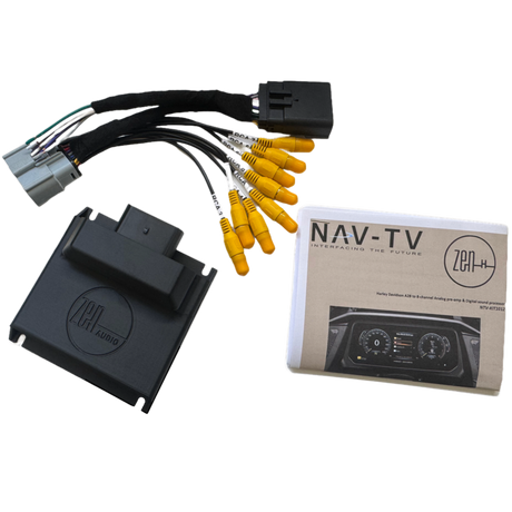 A car audio interface kit with cables, connectors, a black module labeled ZCI Audio, and a NAV-TV installation manual featuring a dashboard image—ideal for Harley-Davidson audio upgrade projects requiring seamless ZEN-H processor or Harley-Davidson amplifier integration.