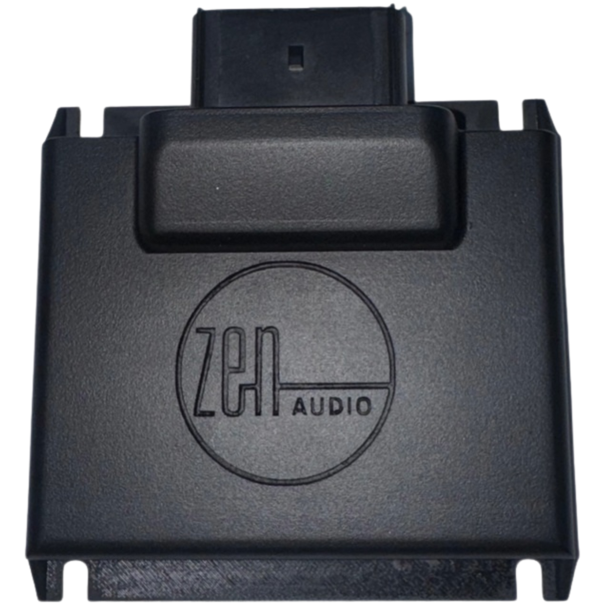 A black rectangular NAV-TV ZEN-H | Harley-Davidson A2B Audio Interface featuring a front-facing logo and a top connector port, engineered for seamless integration with Harley-Davidson amplifiers. Perfect for riders seeking a premium audio upgrade, this device is fully compatible with the ZEN-H processor, offering effortless enhancement of your Harley-Davidson sound system.