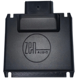 A black rectangular NAV-TV ZEN-H | Harley-Davidson A2B Audio Interface featuring a front-facing logo and a top connector port, engineered for seamless integration with Harley-Davidson amplifiers. Perfect for riders seeking a premium audio upgrade, this device is fully compatible with the ZEN-H processor, offering effortless enhancement of your Harley-Davidson sound system.